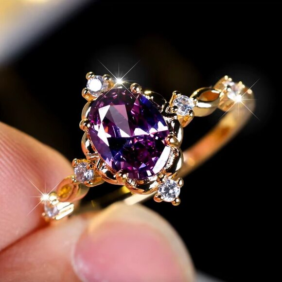 14k Yellow Gold Diamond Purple Amethyst Ring - Picture 3 of 10